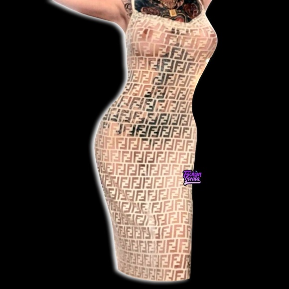 Fendi Vintage Embossed Logo Sheer Nylon FF Monogram Logo Dress Nude Cream - Picture 17 of 17
